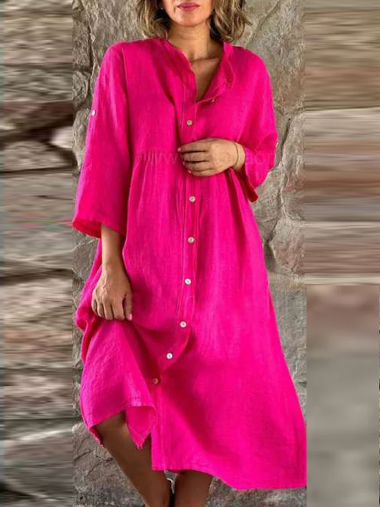 

Spring Summer V Neck Long Sleeve Long Dress Female Casual Cotton Linen Loose Dress Lady Vintage Solid Color Beach Pullover Dress
