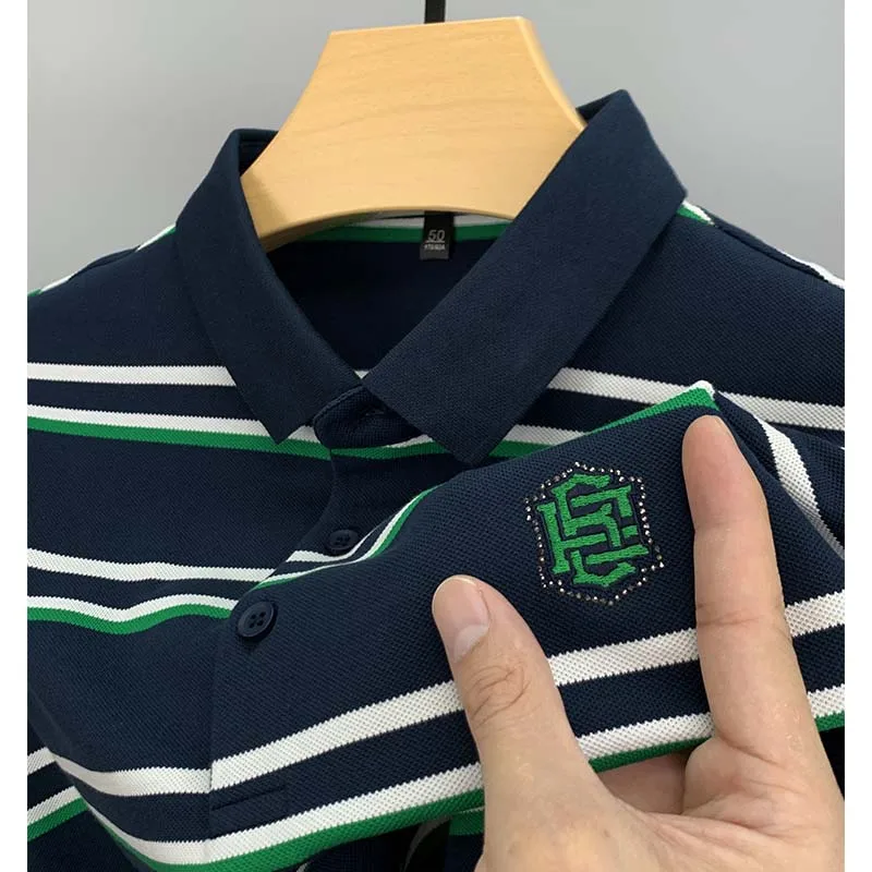 

DYXUE High-end Summer Men's Cotton Lapel Business Polo Shirt Striped Printed Short-sleeved Printed Breathable T-shirt M-4XL