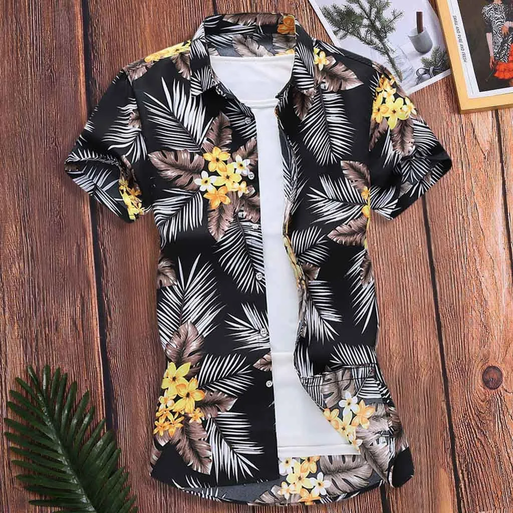 

Рубашка мужская с отложным воротником, Модная Тонкая футболка с рукавом, свободная уличная одежда с коротким принтом, в этническом стиле