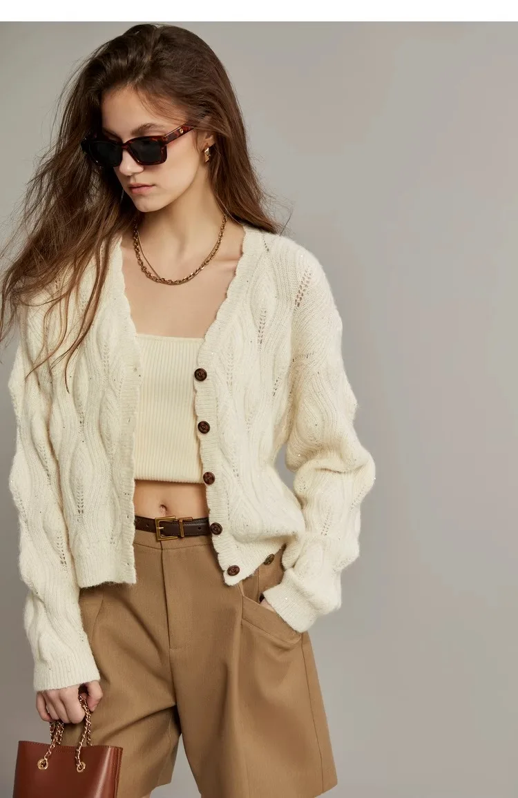 100% wool bead glitter V-neck cardigan women's loose short top sweater new