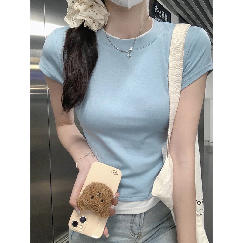 

Fashion Fake Two Pieces Women T-shirt New Summer Casual O-neck Short Sleeve Slim T Shirts Ladies Chic Irregular Short Tops