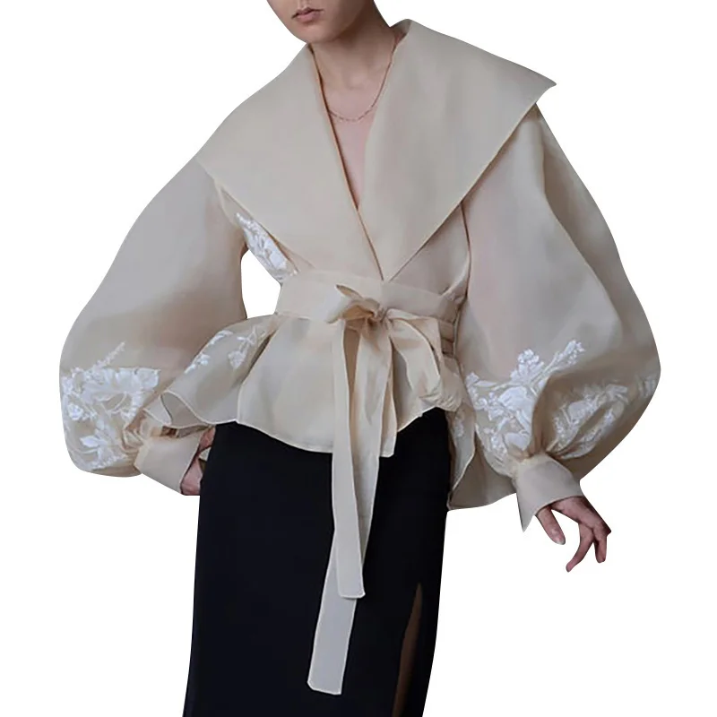 

Женская винтажная блузка из органзы, рубашка с отложным воротником, завязкой, бантом и длинными рукавами-фонариками с вышивкой, женская модная одежда на весну и лето 2023