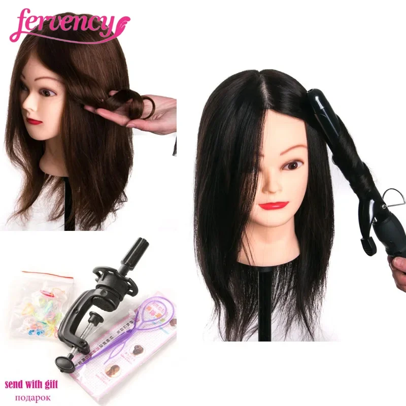 

Human Hair Head Dolls for Hairdressers 16 Inch Brown Training Head Professional Mannequin Can be Curled with Gift