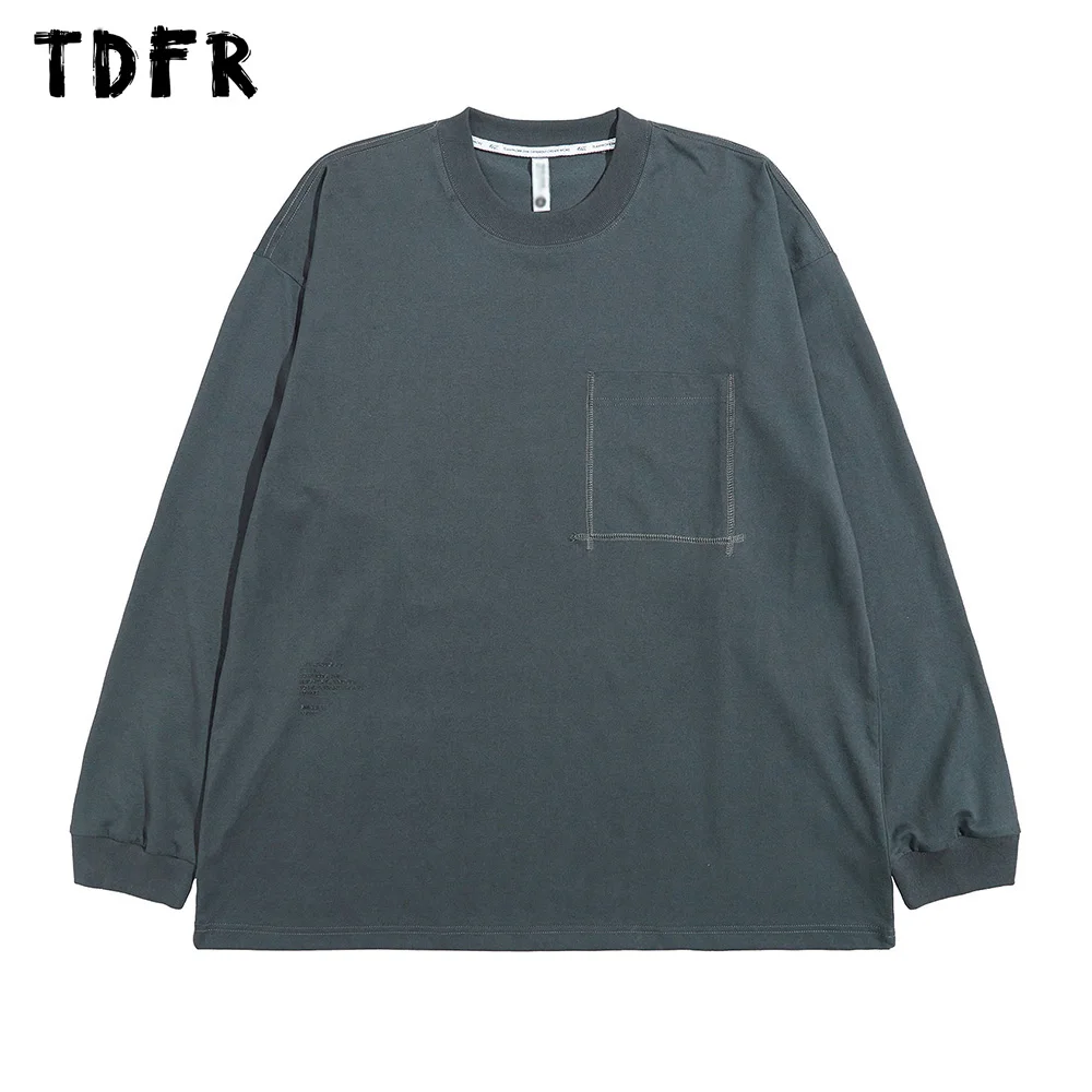 

Top Stitch Pocket Long Sleeve T-shirt Mens Letter Solid Color Spring Autumn Casual Loose Crew Neck Cotton Tee Men