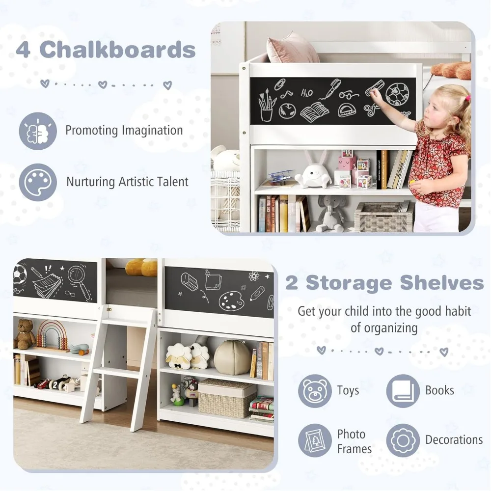 Children Beds, Low Loft Twin Size, Wooden Loft Bed with Ladder Blackboard, 2-Step Ladder, 4 Chalkboards, 2 Moveable Bookcases 6