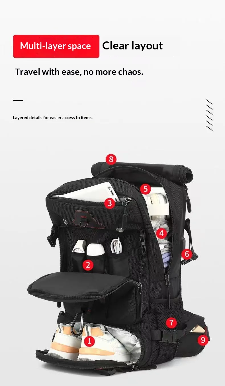 Reiserucksäcke für Damen und Herren, 60-70 Liter Übergroßer Rucksack, Langlebige Konvertierbare Reisetasche mit Schuhfach – Detail 7
