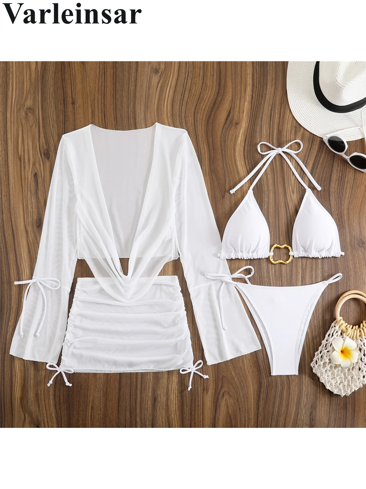 Women's 4-Piece Bikini Set With Halter Top & Sheer Cover-Up - Long Sleeve Knot Swimsuit & Skirt Beachwear For Pool Or Vacation