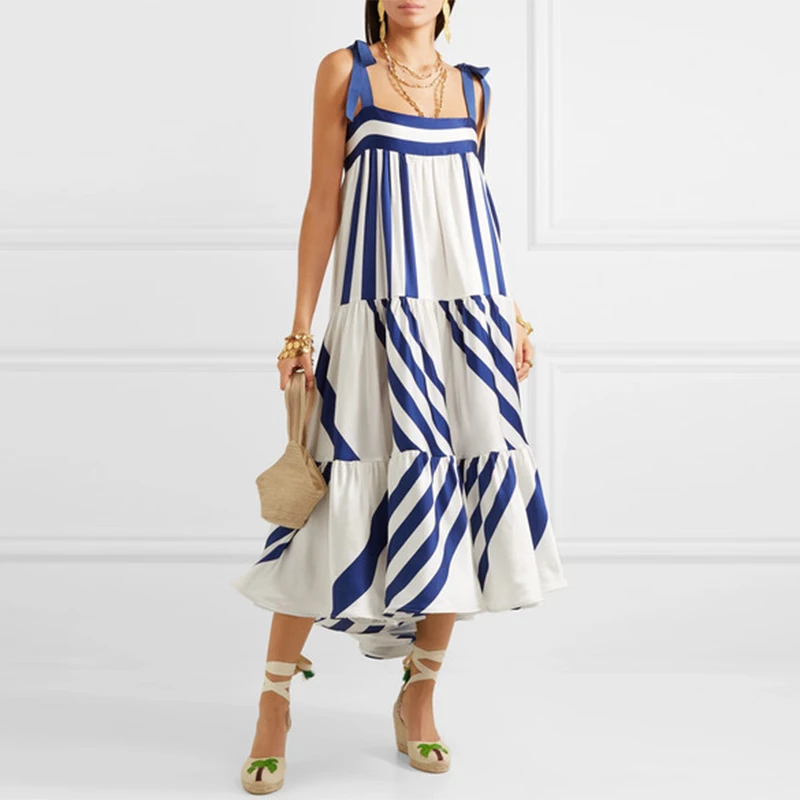 

TEELYNN Blue Striped Long Dress Women Vintage Off Shoulder Loose Casual Bow Lace Up Strap Summer Vestidos Fashion Party Dress