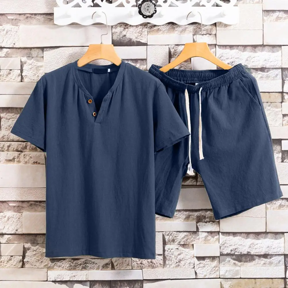 

Two Pieces Set Summer Men T-shirt Shorts Set Short Sleeves V Neck T Shirt Drawstring Loose Casual Summer Shorts Set Men Clothes