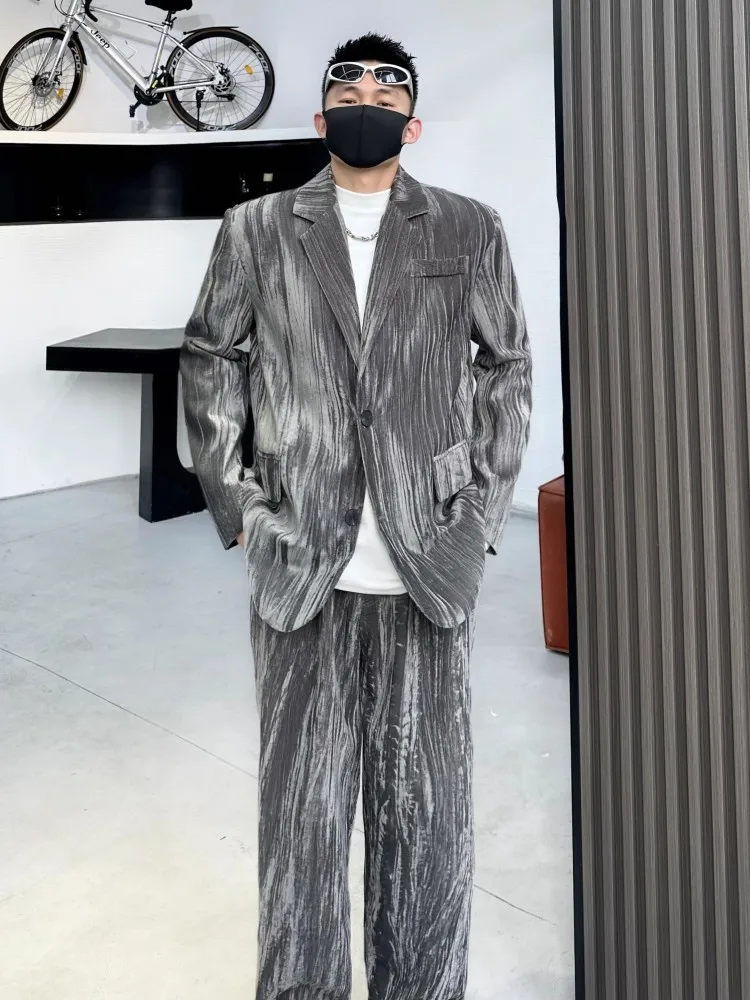 Spring Autumn Mens Velvet Suits Sets Loose Fit High Street Single Breasted Blazers Straight Pants Fashion Casual Two Piece Set