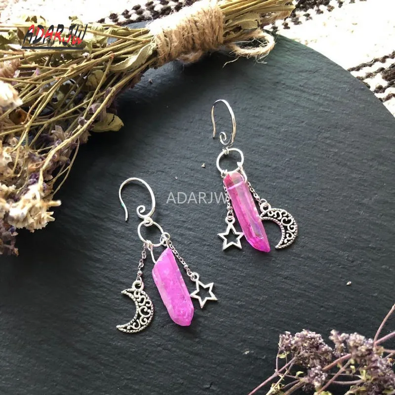 Raw Crystal with Moon and Stars Earrings with Dangle Witch Jewelry Celestial Healing Quartz Handmade Jewelry Women Gift dangle earrings crystal earrings