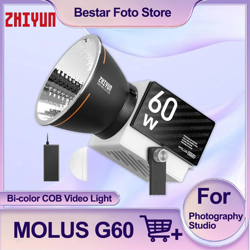 

ZHIYUN MOLUS G60 60W 2700-6500K Bi-color COB Video светильник для фотостудии 2376LUX CRI96 + TLCI97 + Portable Mini светильник