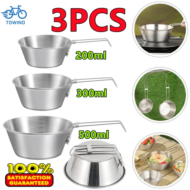 New 3/1PC Outdoor 304 Stainless Steel Folding Bowl Picnic Rice Bowl Barbecue Mountaineering Water Cup Camping Portable Cooker