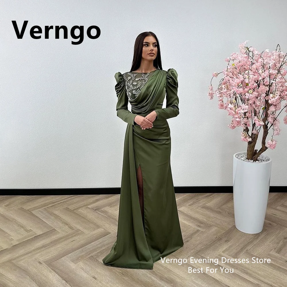 

Verngo Green Applique Long Puff Sleeves Formal Dresses For Women Saudi Arabic Draped Train Pleat Party Dresses Prom Gowns