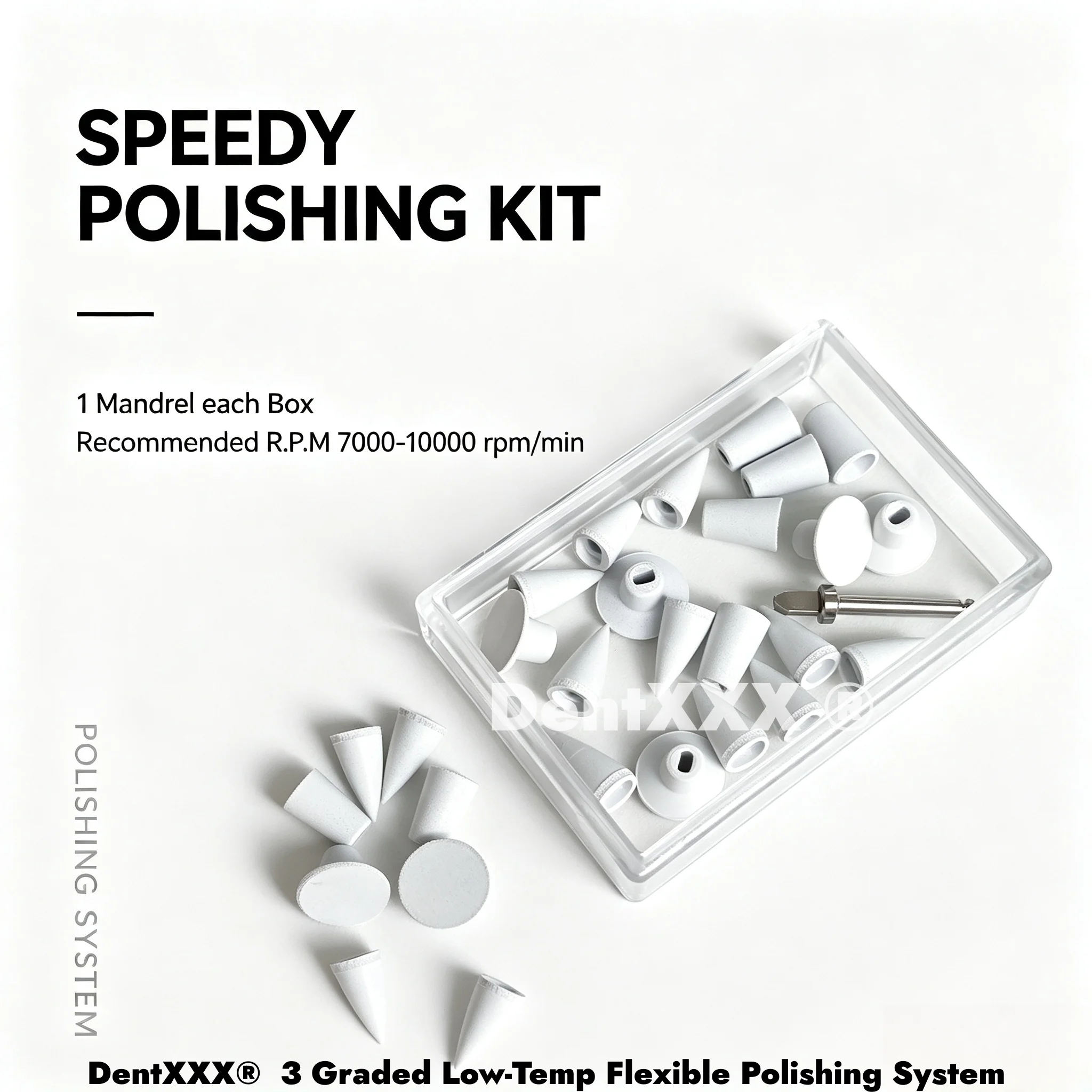 Silikon-Polierset für Komposit-Harz, Schnellpolieren, 2,35 mm, 3 verschiedene Formen: Schale / Umgekehrter Kegel / Spitze