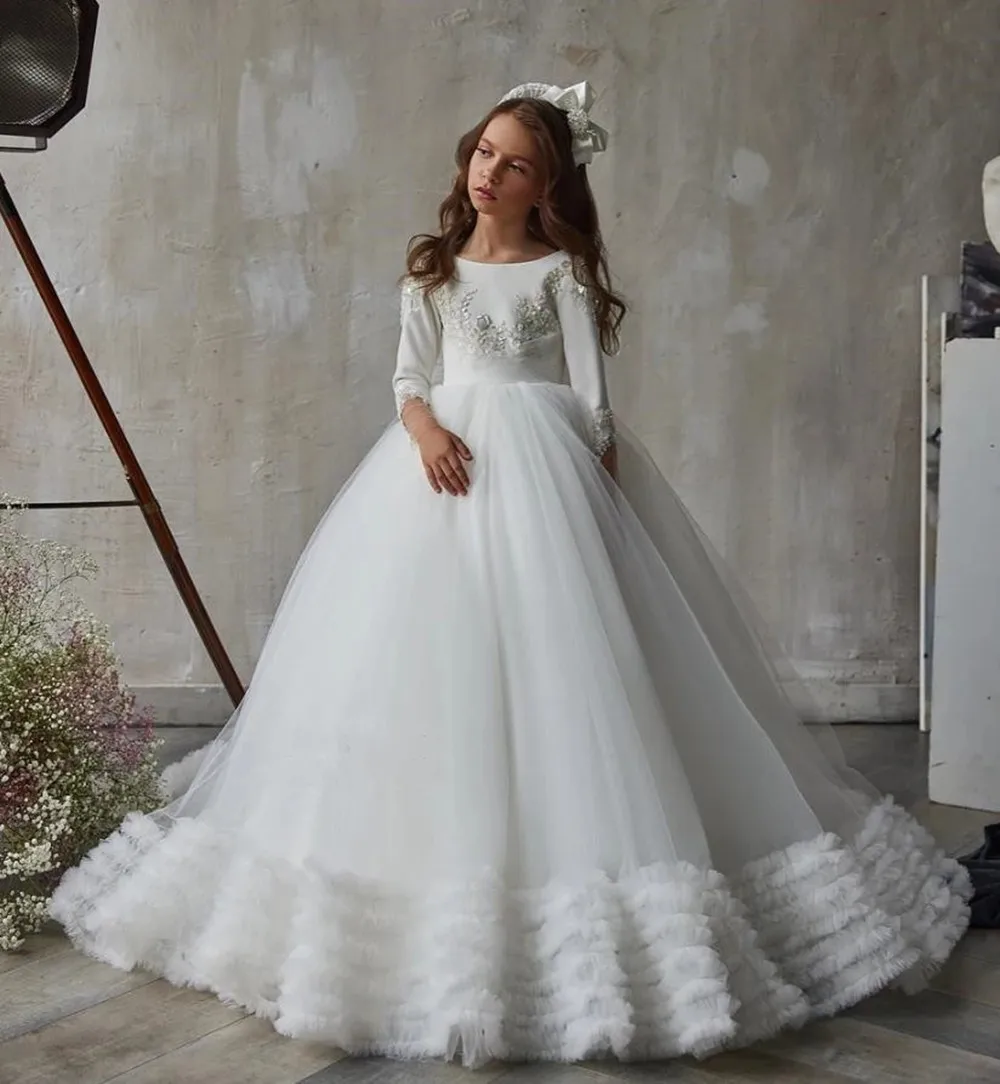

White Flower Girl Dress For Wedding Ruffles Tulle Puffy Applique Floor Length Princess Kids Birthday Party First Communion Gowns