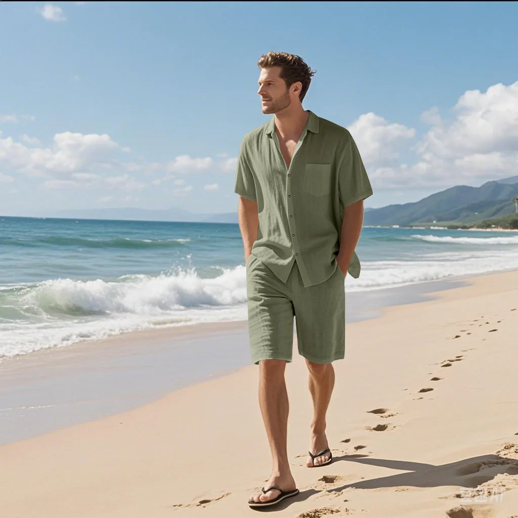 Summer Men's Solid-Color Linen Beach Suit, Lapel Button Short-Sleeved Shirt Paired With Drawstring Shorts, Casual 2-Piece Set