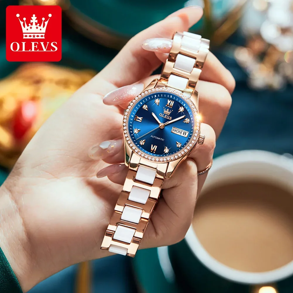 

OLEVS 6637 Ceramic Strap Waterproof Watches For Women, Fashion Automatic Mechanical High Quality Women Wristwatch Luminous