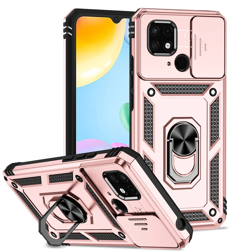 Durable Armor Phone Case with Slide Window Lens Protector and Magnetic Holder Ring for Xiaomi Redmi 10C and Poco C40