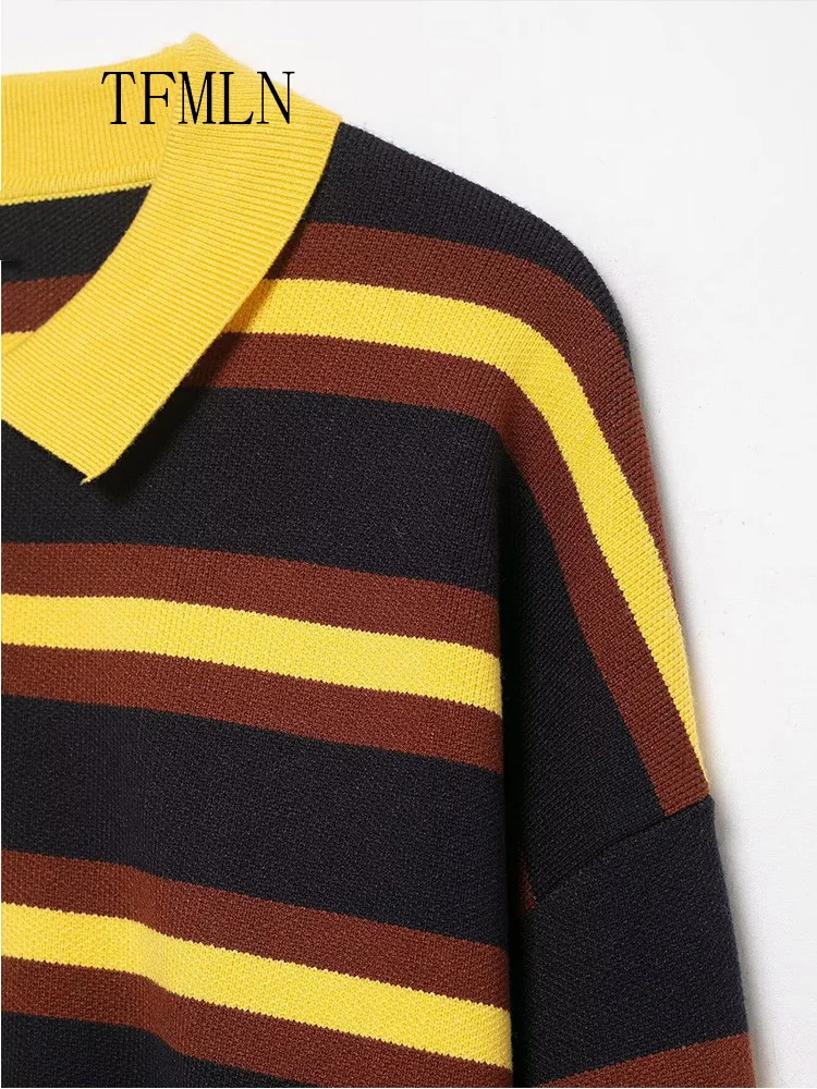 Simple 2025 Autumn Women Striped Knitted Sweaters Chic Causal Long Sleeve Pullover Tops Fashion Loose Polo Collar Knitwear