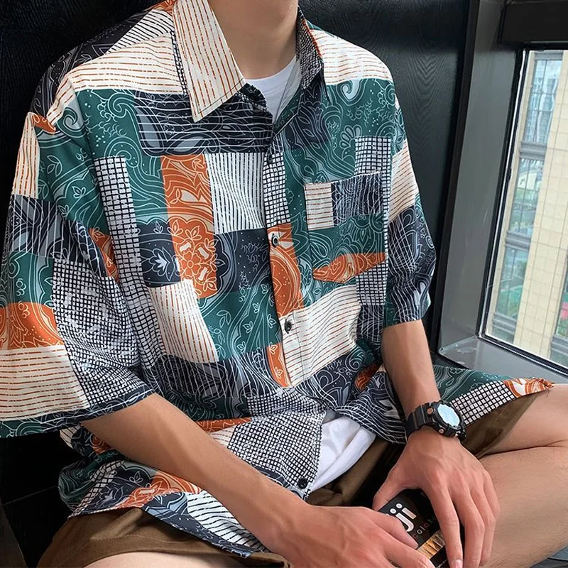 Summer Retro Artistic Hong Kong Style Casual Loose Oversized Lapel Striped Plaid Print Versatile Short Sleeved Shirt for Men