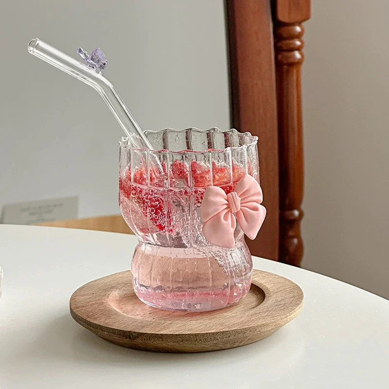Pink Bow Glass Cups Cute Clear Striped Water Cups Creative Coffee Mug Household Fruit Tea Juice Glassware Home Supplies