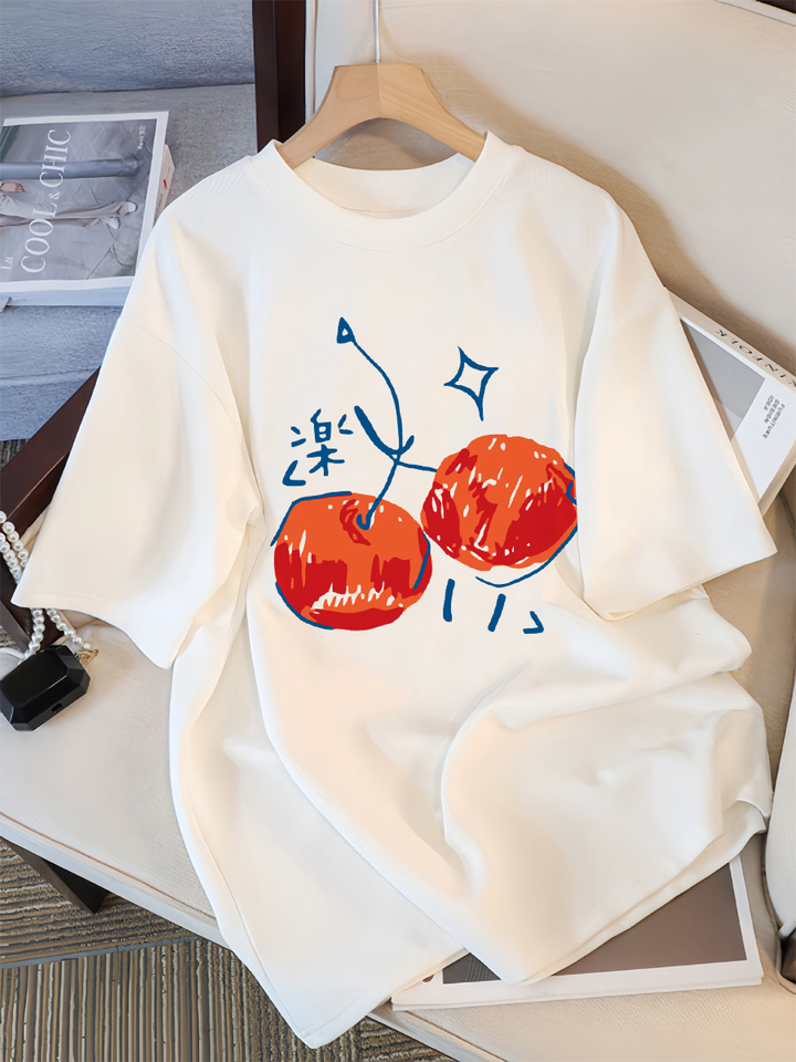 Cherry Illustration Prints Women T-Shirt Casual Sport Short Sleeve Breathable Summer T Shirt Cotton Street New Clothing