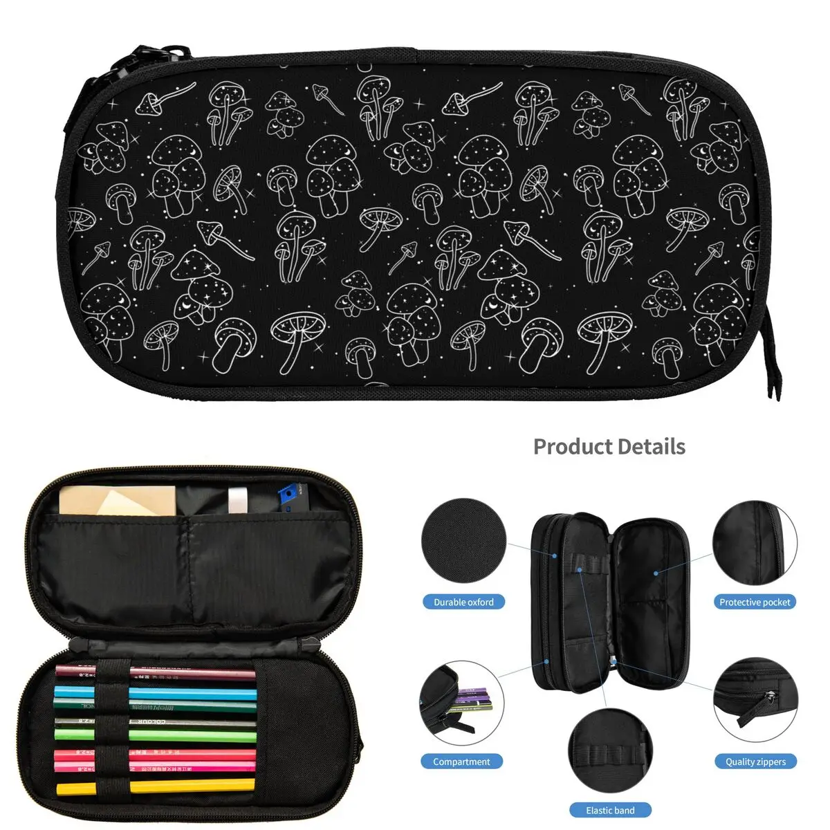 버섯 달 마법의 숲 별이 빛나는 밤 학생용 연필 케이스 학교 펜 상자 연필 가방 대용량 연필 파우치