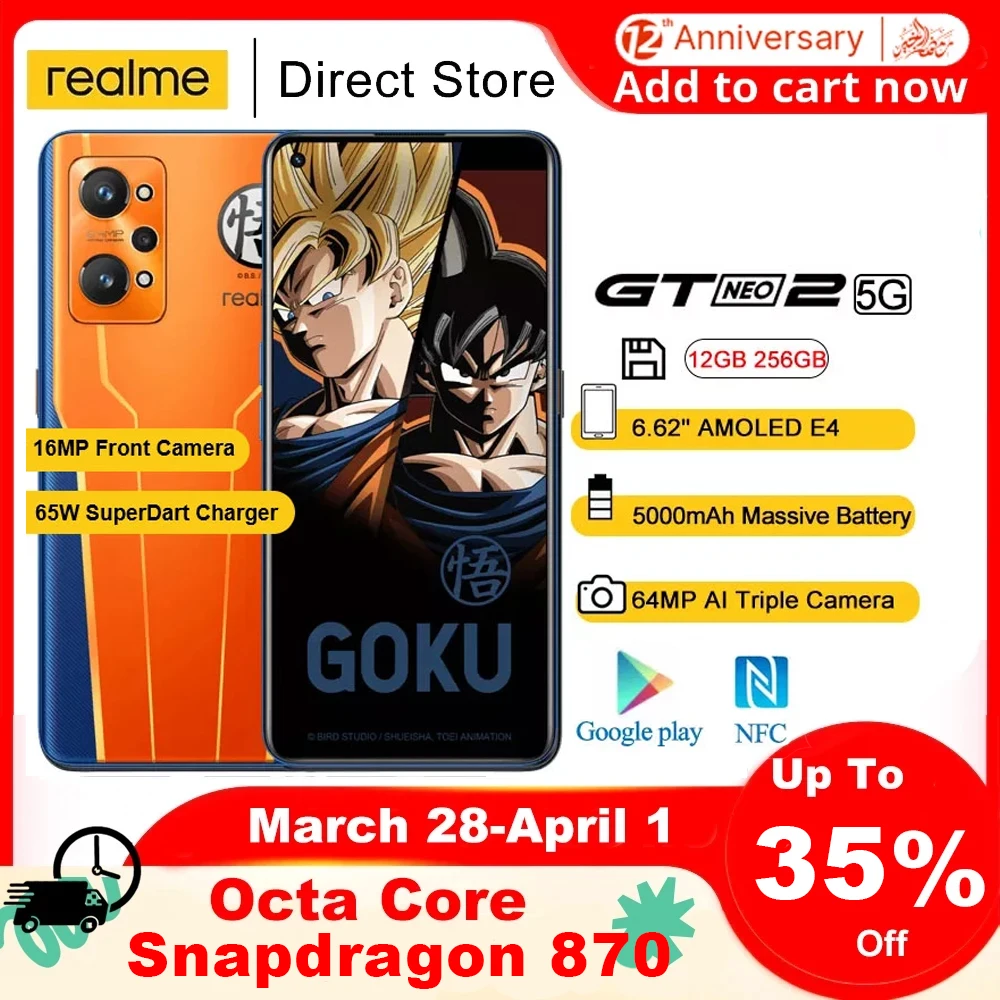 Realme GT Neo 2 5G Mobiel Phones NFC 6.62" FHD+ Snapdragon 870 Octa Core 64MP 65W SuperDart Charger 5000mAh Battery Smartphones |