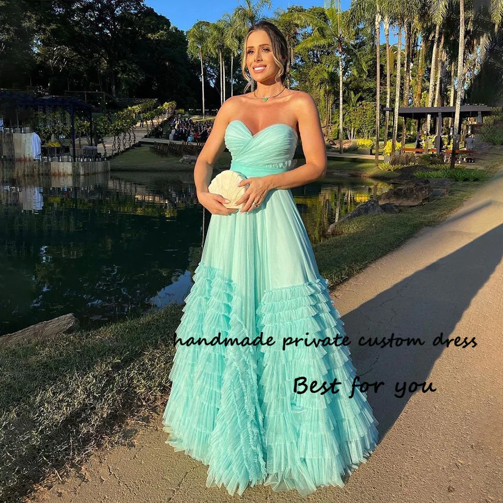 

Aqua Tulle A Line Prom Party Dresses Pleats Sweetheart Long Evening Dress Floor Length Dubai Celebrate Gown