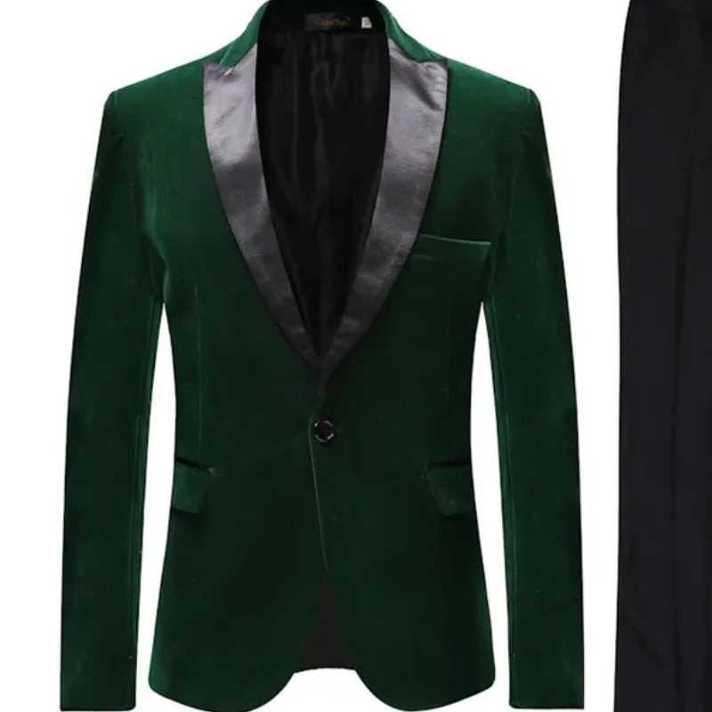 2 Piece Men's Green Velvet Suit Peak Lapel One Button Blazer Wedding Groom Tuxedos Pants Jacket for Party Prom 6