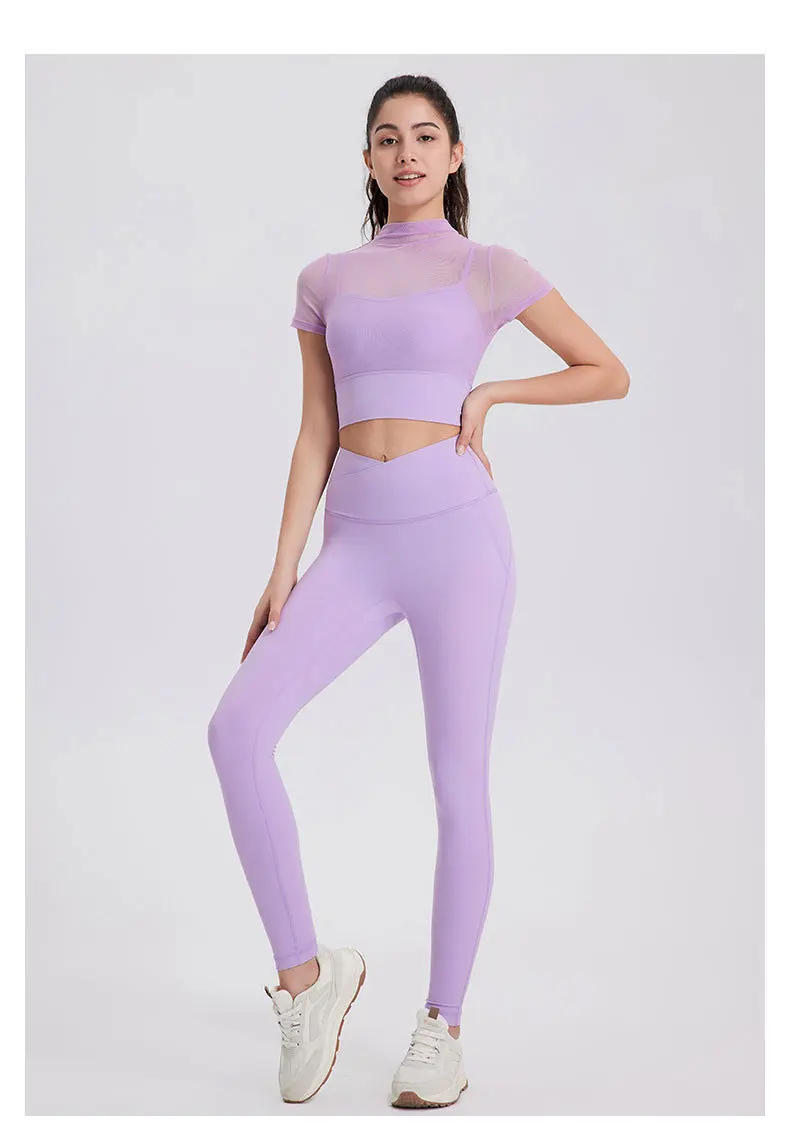Zweiteiliges Fitness-Yoga-Set, sexy Mesh-Oberteil mit kurzen Ärmeln, dehnbare, weiche Leggings, Sportanzug für das Fitnessstudio, Outdoor-Laufbekleidung, Sportbekleidung für das Training. – Detail 9