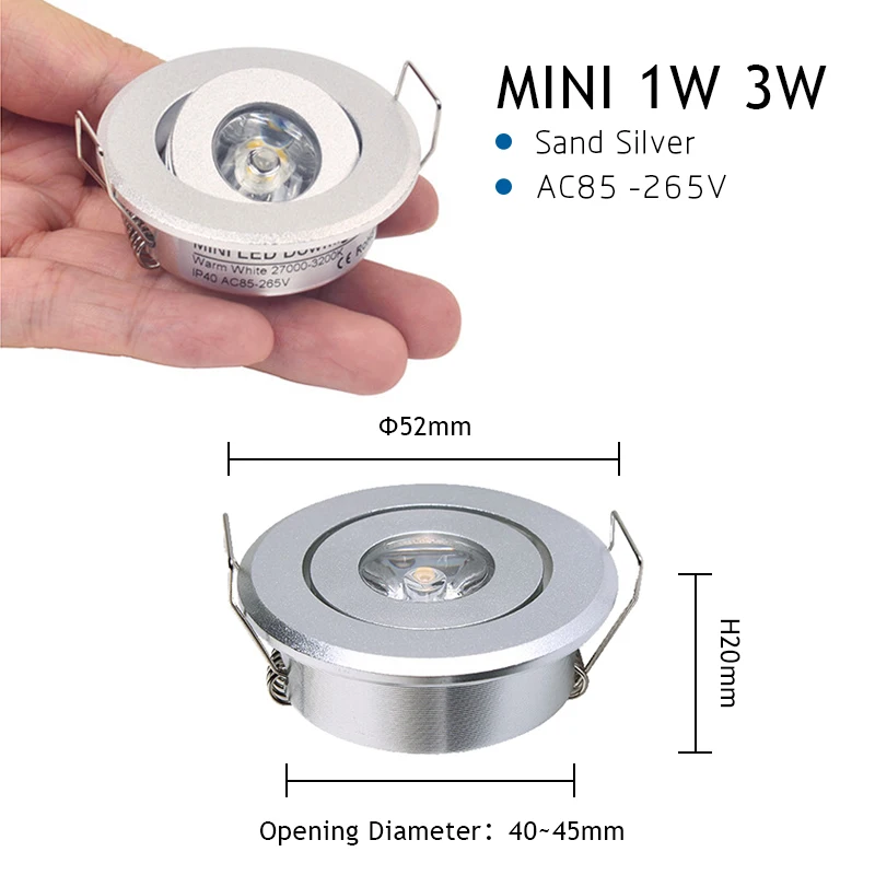 미니 LED 다운라이트 캐비닛 매입형 스포트라이트, 드라이버 AC85-265V, 전시 쥬얼리 캐비닛 디스플레이 박스, 화이트 블랙, 3W, 1W