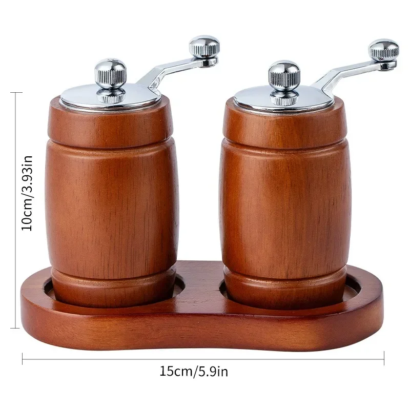 2Pcs Barrel Shape Salt and Pepper Grinder with Base Hand Cranked Wooden Pepper Grinder Salt Grinding Bottle Spice Pepper Mills