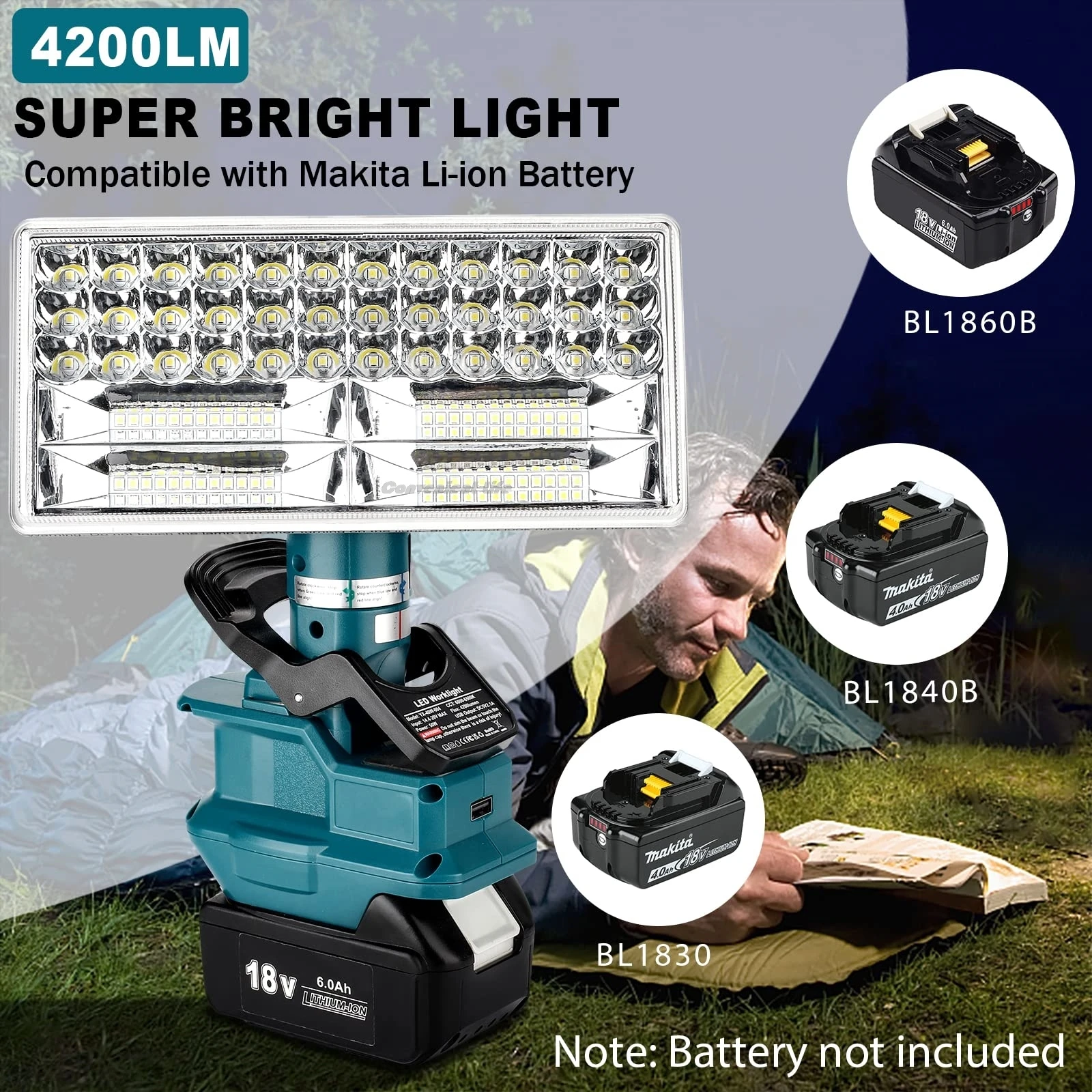 4200LM Cordless LED Work Light for Makita 18V Battery Floodlight Spotlight Flash