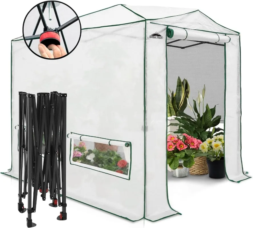

EAGLE PEAK 8x6 Portable Greenhouse, Pop-up Indoor Outdoor Garden Green House, Zippered Doors and Windows,Heavy Duty Woven PE Top