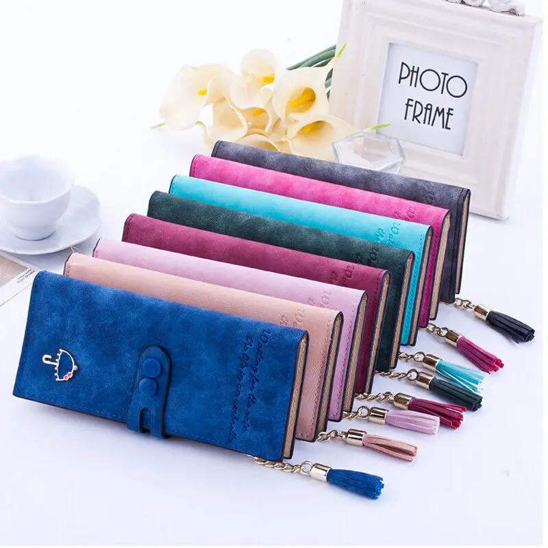 Women Wallet Lady Clutch Leather Frosted Tassel Female Wallets Long Length Card Holder Phone Bag Money Coin Pocket Ladies Purses 3