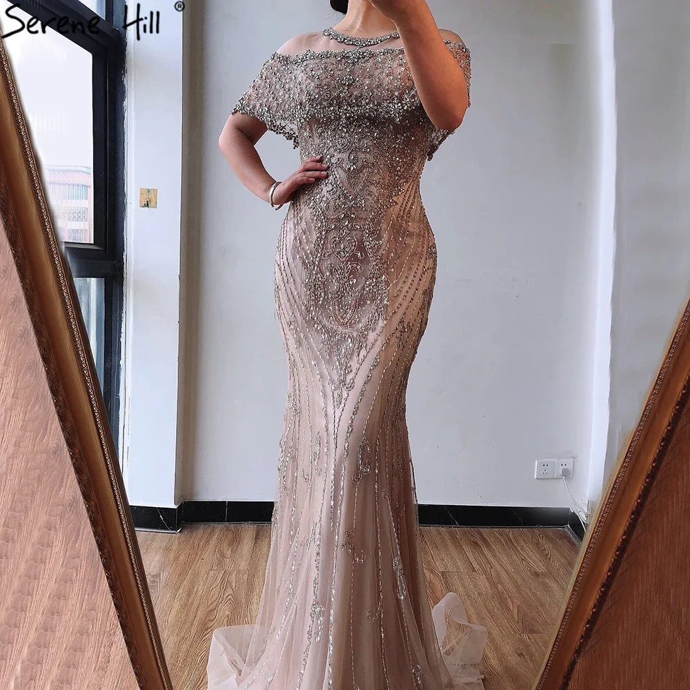 Nude Diamond Sequins Luxury Evening Dresses Long 2025 Dubai Short Sleeves Mermaid Formal Gown Customize BLA70519 1