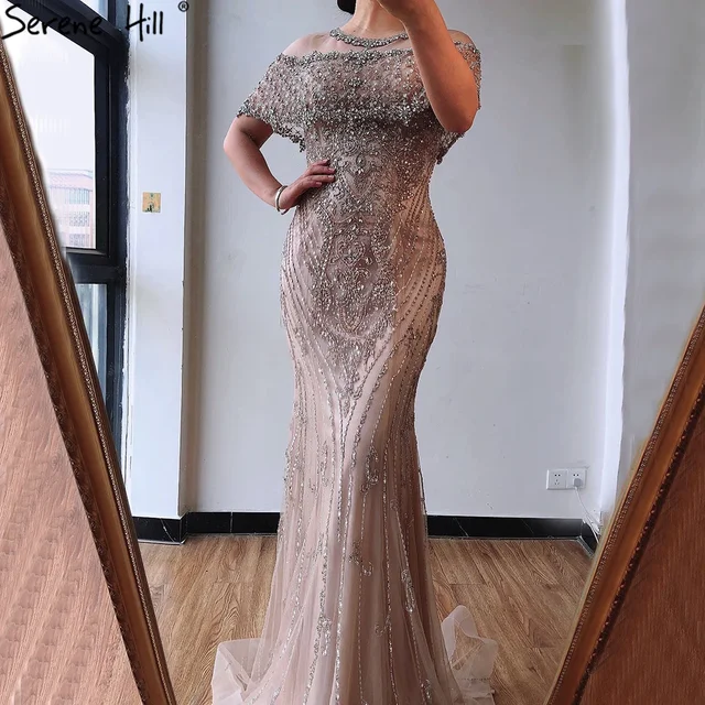 Nude Diamond Sequins Luxury Evening Dresses Long 2025 Dubai Short Sleeves Mermaid Formal Gown Customize BLA70519 1