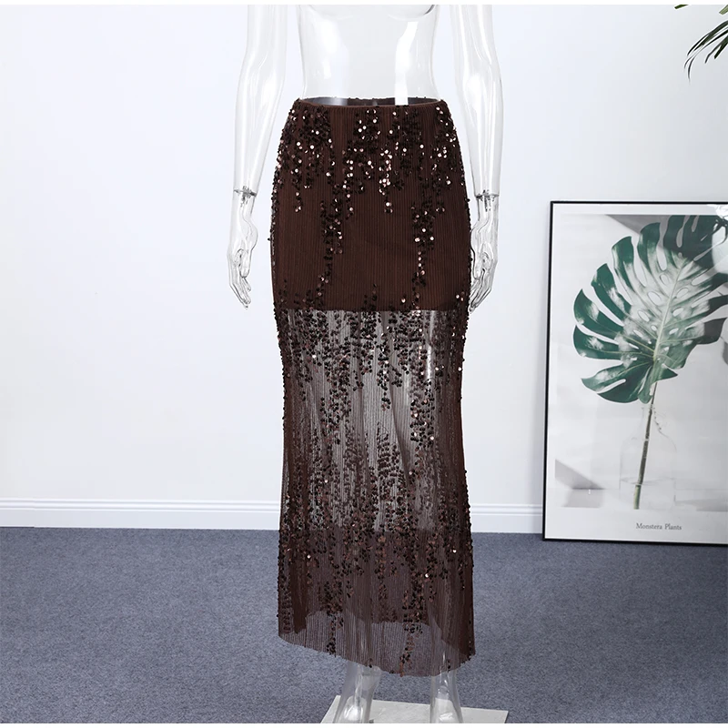 Damen-Maxirock mit einfarbiger Pailletten-Spitze, hohe Taille, transparenter Panel-Design-Rock, 2026, Frühling, Sommer, Damen, Partys, Abendessen, Veranstaltungen – Detail 5