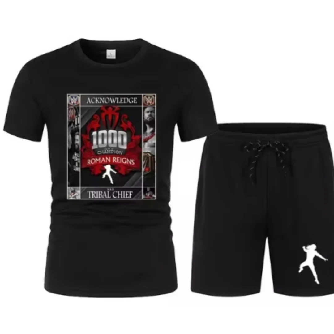 Men's Black Roman Reigns Levels Above T-Shirt Shorts Set Summer Short Sleeve Man Overiszed Suits 2024 New Fashion Clothing Sets 3
