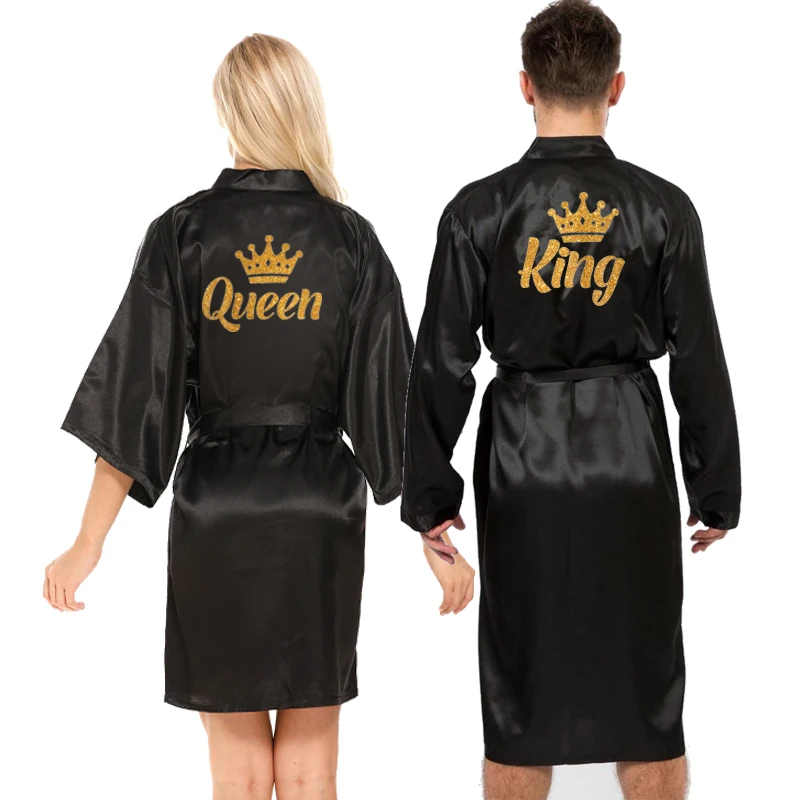 King queen paillettes écriture hommes femmes robe satin couronne conception lune de miel couple reine kimono robes