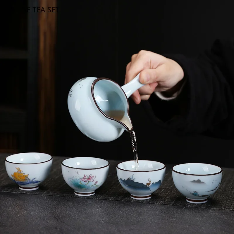 1PCS 40ml celadon small teacup hand drawn landscape painting engraved characters portable tea cup Chinese tea set
