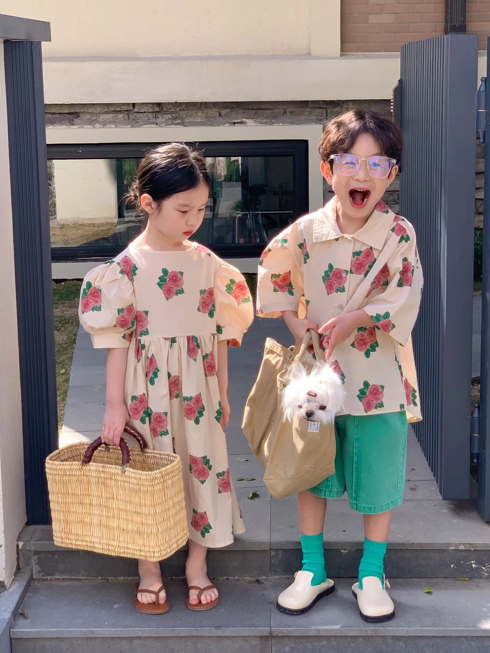 Kids Shirts Summer Brother Sister Outfits Boy Children Flower Print Half Sleeve Shirt Girl Baby Cotton Sweet Princess Dress Infant Blouse