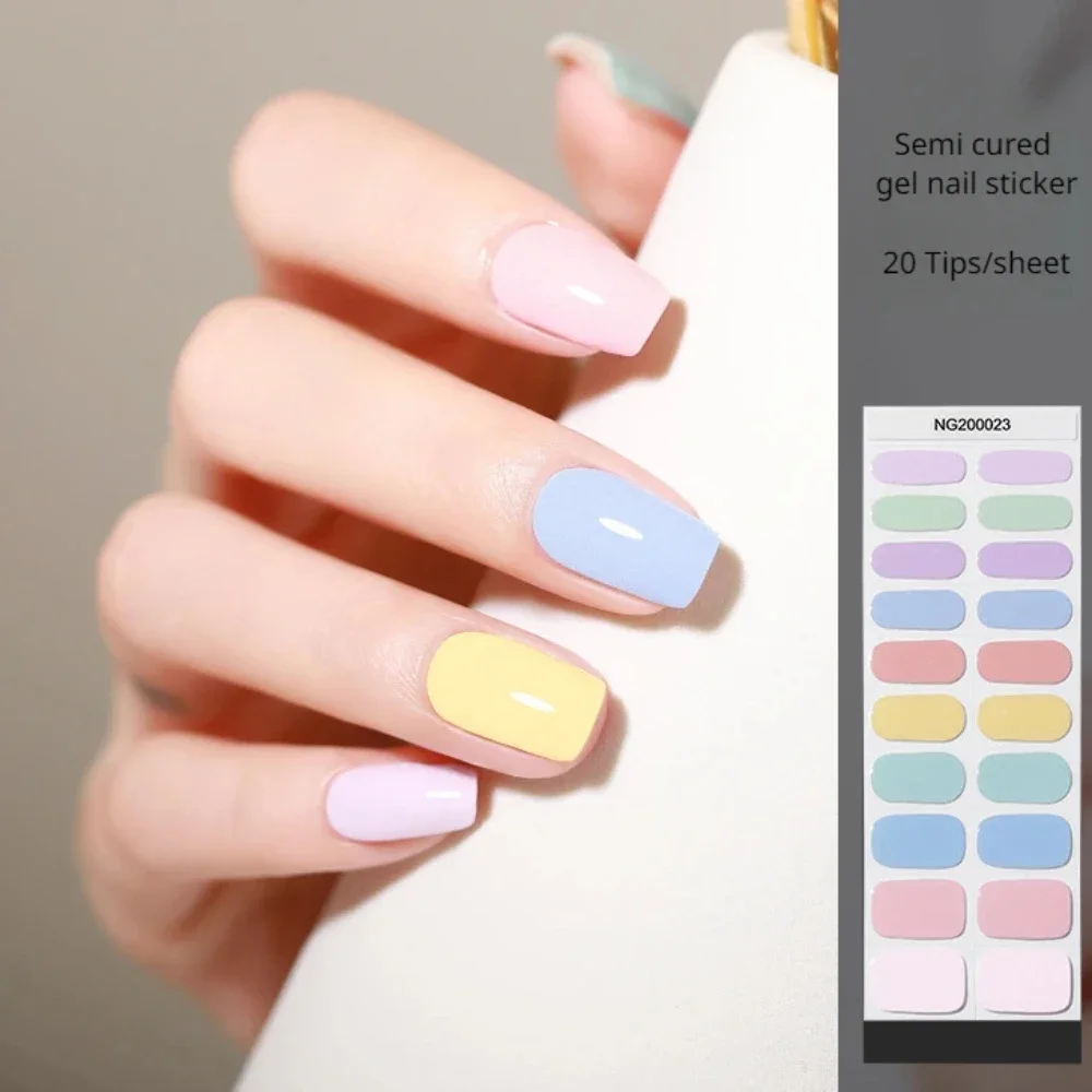 20Tips Semi cured gel Nail Patch Solid Pink Macaron Adhesive Slider Long term Full coverage Nail Patch UV Lamp Need