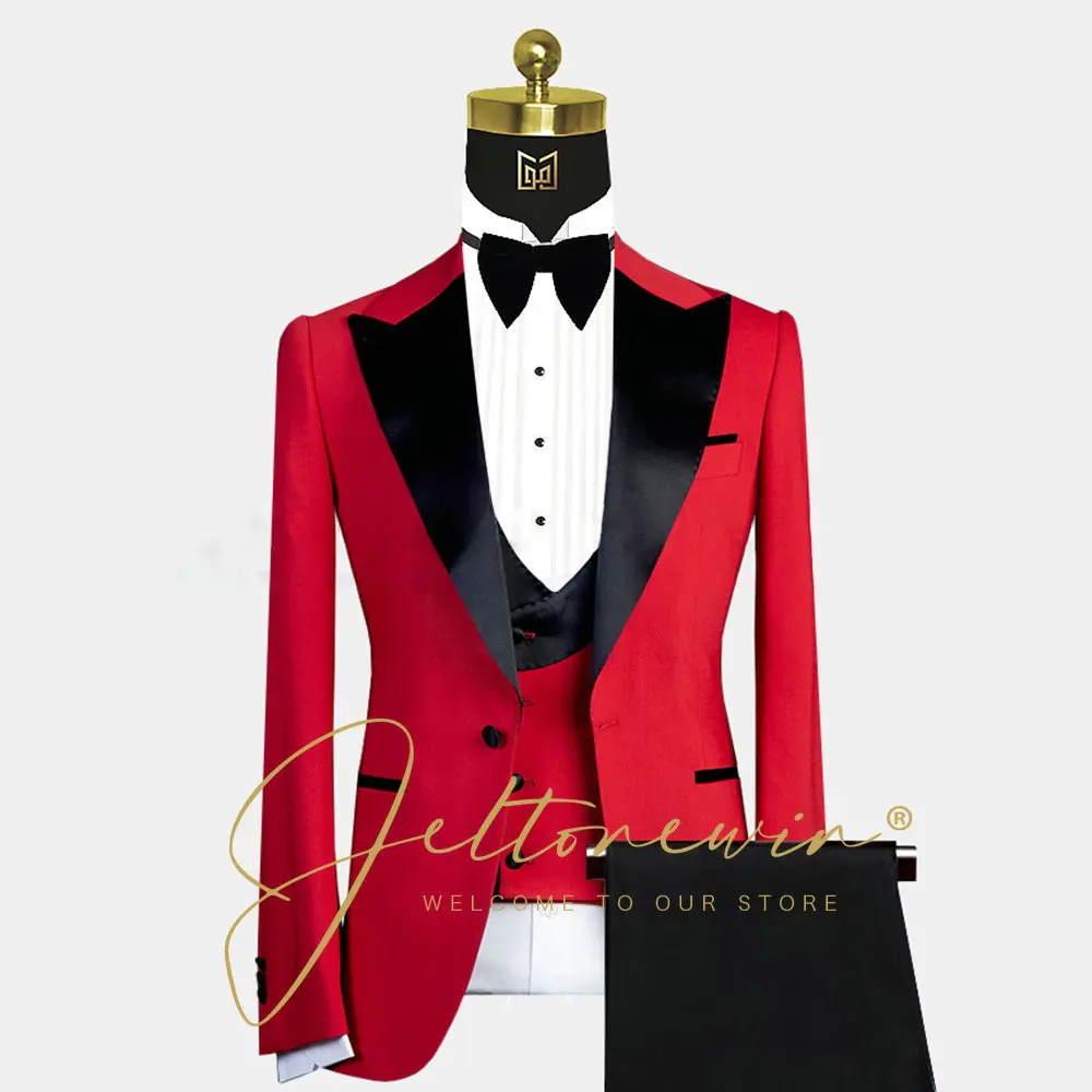 

Men Slim Fit Business Casual Suits Red 3 Piece Set Costume Homme Male Wedding Groom Tuxedo Blazer Coat Trousers Blazer Sets