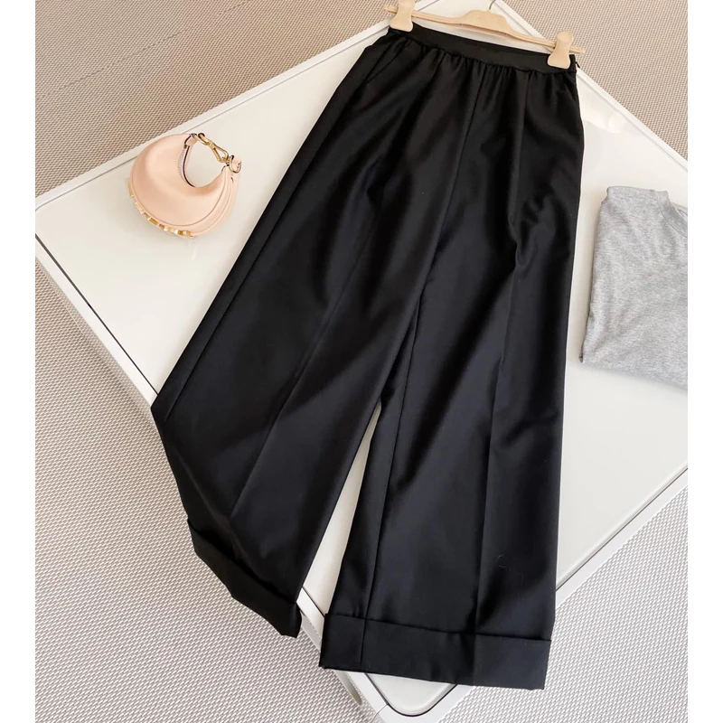 

10.25 Simple Fashion Elastic High Waist Black Wool Straight Wide Leg Pants Women