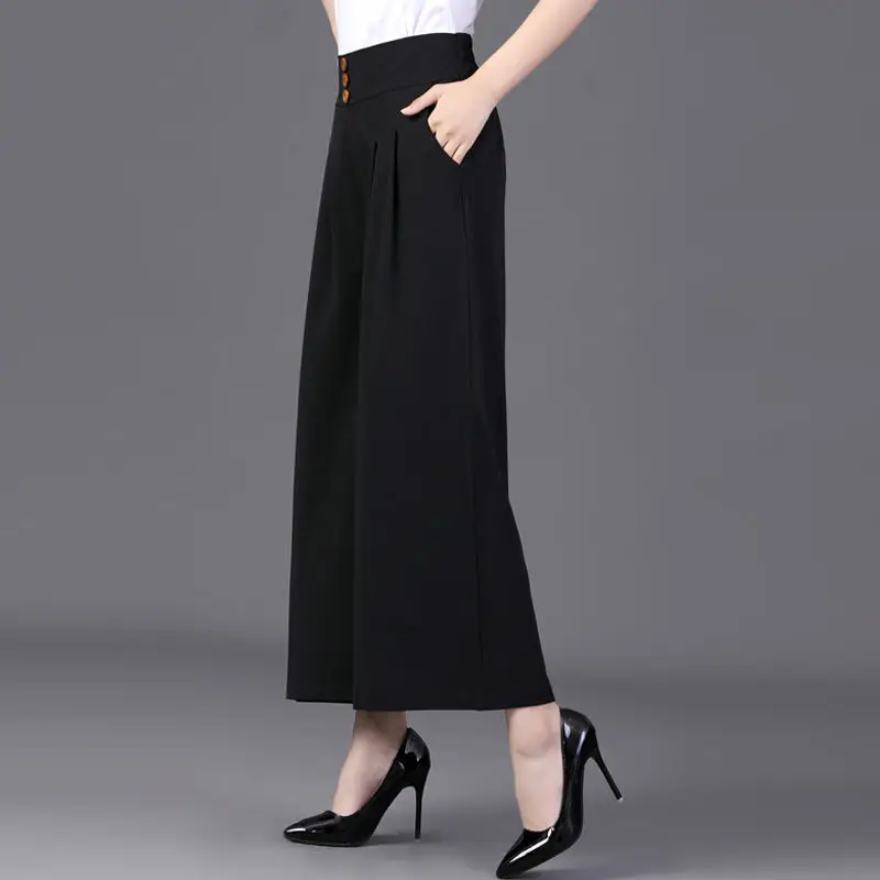 Simplicity Casual Summer Solid Pants Ice Silk Women's Elastic Waist Pockets Button Fashion High Waist Wide Leg Ankle Trousers
