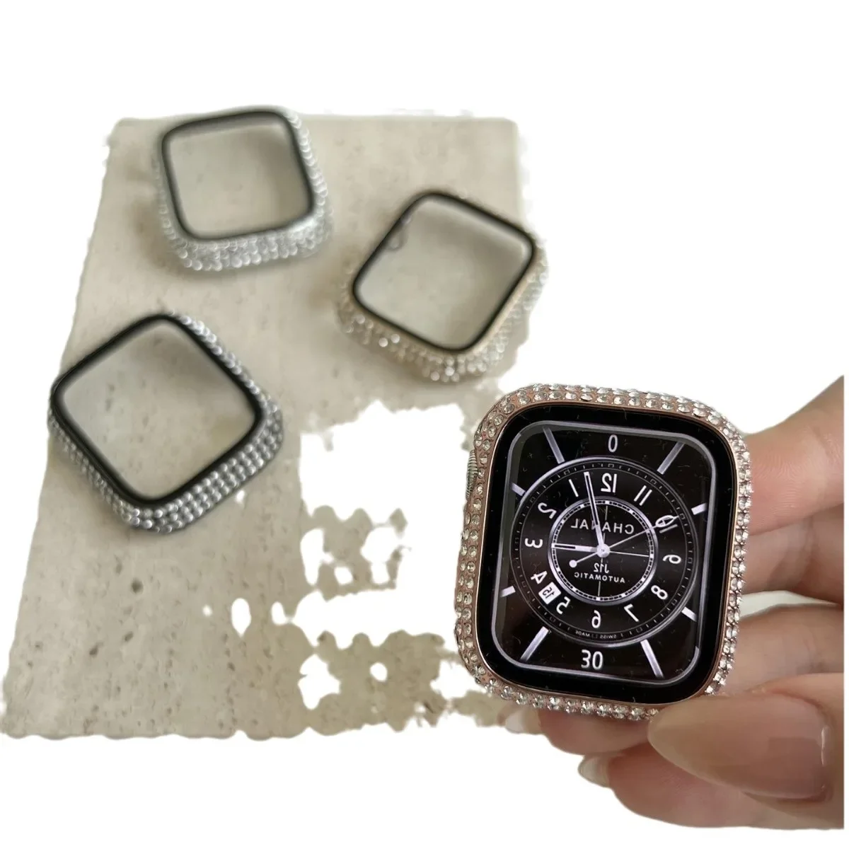 Rhinestone Decor Tempered Glass Screen Protector Watch Case For Apple Watch 38/40/41/42/44/45/46mm,Series SE/10/9/8/7/6/5/4/3/2