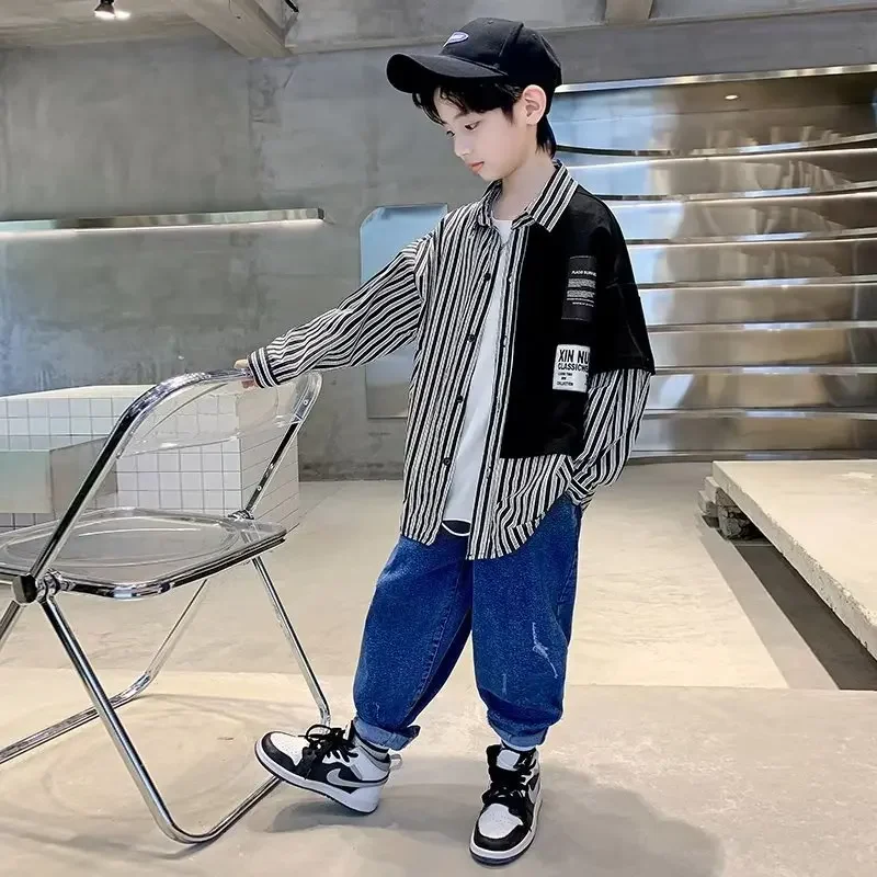 Children's Loose-Fit Striped Shirt Long Sleeve Autumn Collection Vest Trendy Jacket For Boys Spring Autumn